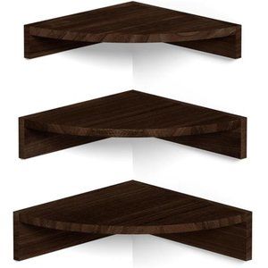 Corner Shelf, Set of 3 Floating Shelves, Rustic Wood Shelves (Dark Brown)